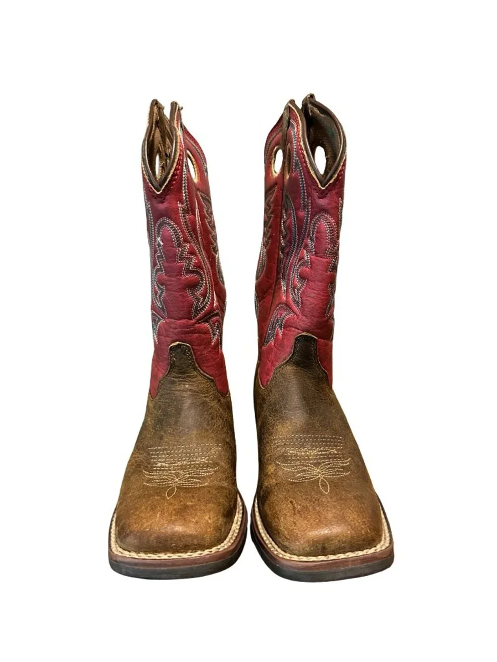 Justin Kids Cowboy Boots Brown Red Leather Square Toe Western Youth Size 11.5
